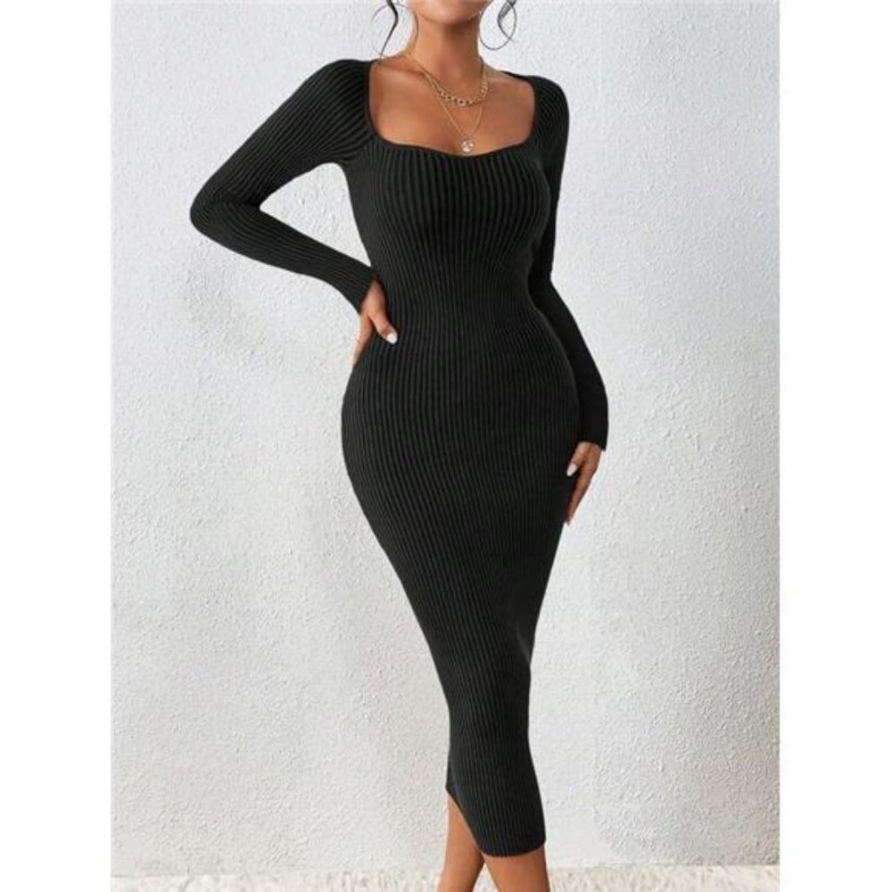 Sweetheart Neck Ribbed Knit Sweater Dress